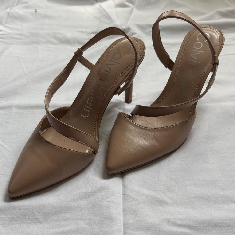 Tan leather Calvin Klein heels | CBK, Carolyn Bessette Kennedy, minimalist